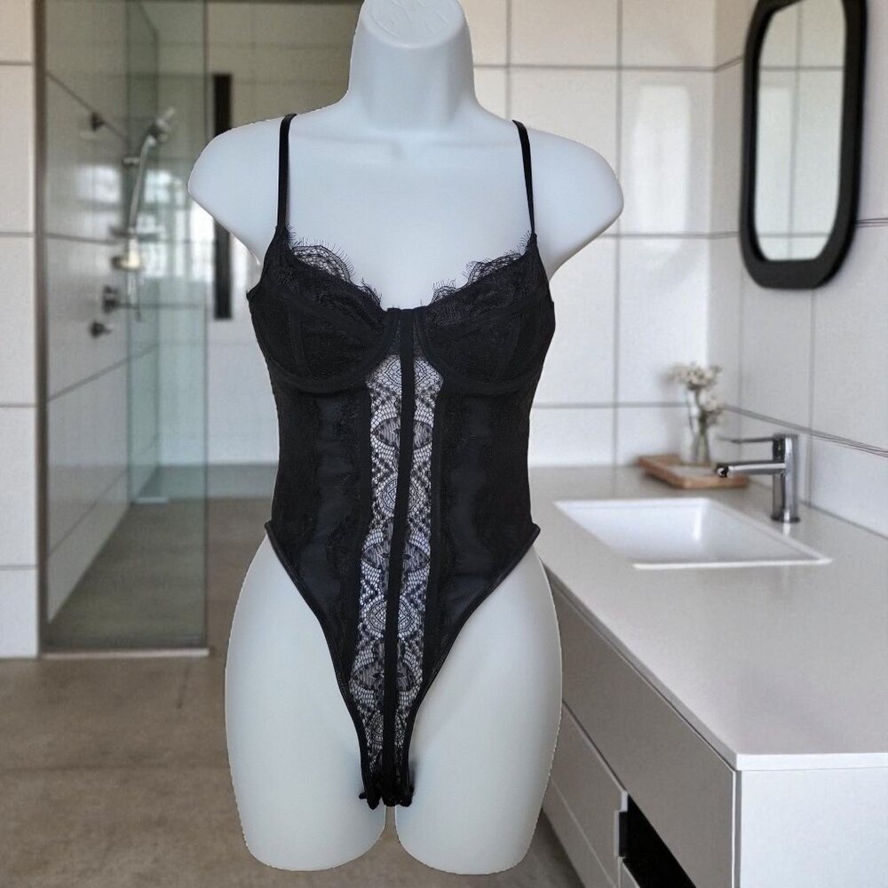 Shein Bae Black Lace Sheer Bodysuit with Adjustable Straps & Snap Closure- S